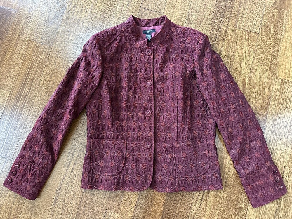 ALFANI DUVILLE SUITING BLAZER JACKET BURGUNDY BLACK JACQUARD-BROCADE 14 P Petite