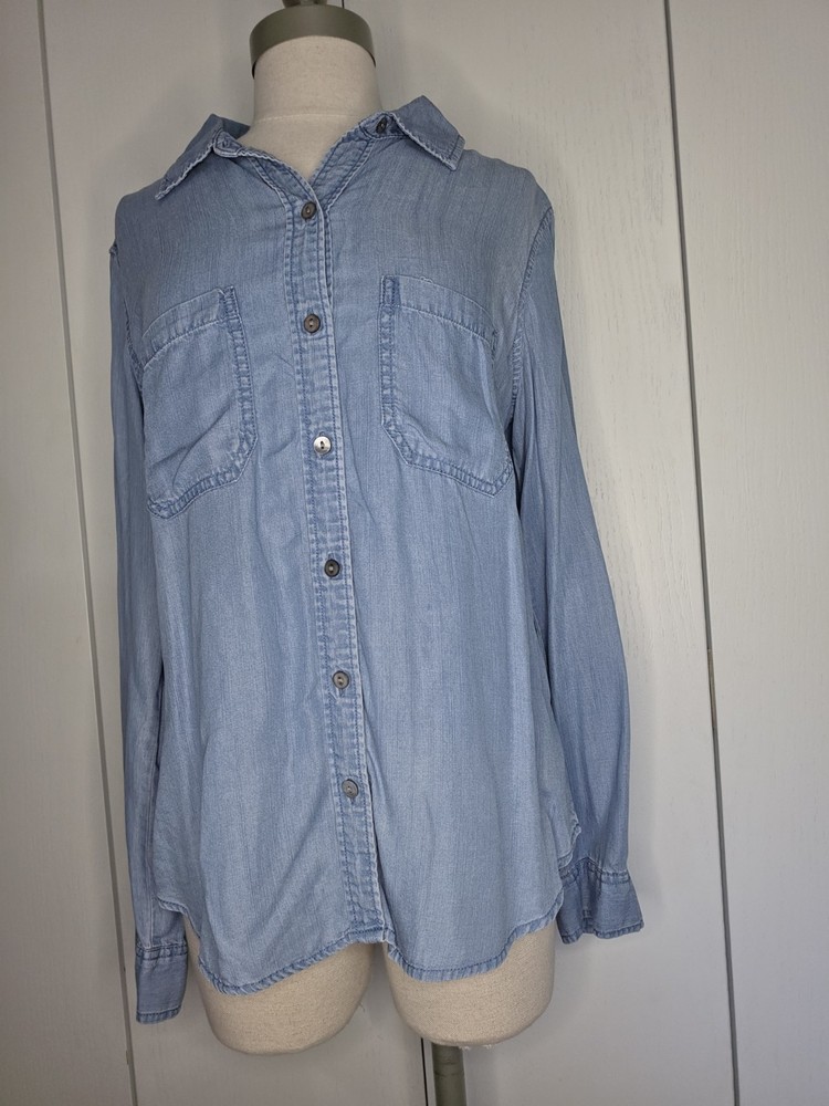 Liverpool Denim Blouse Women's Small Blue Long Sleeve Button Front Shirt Hi Low
