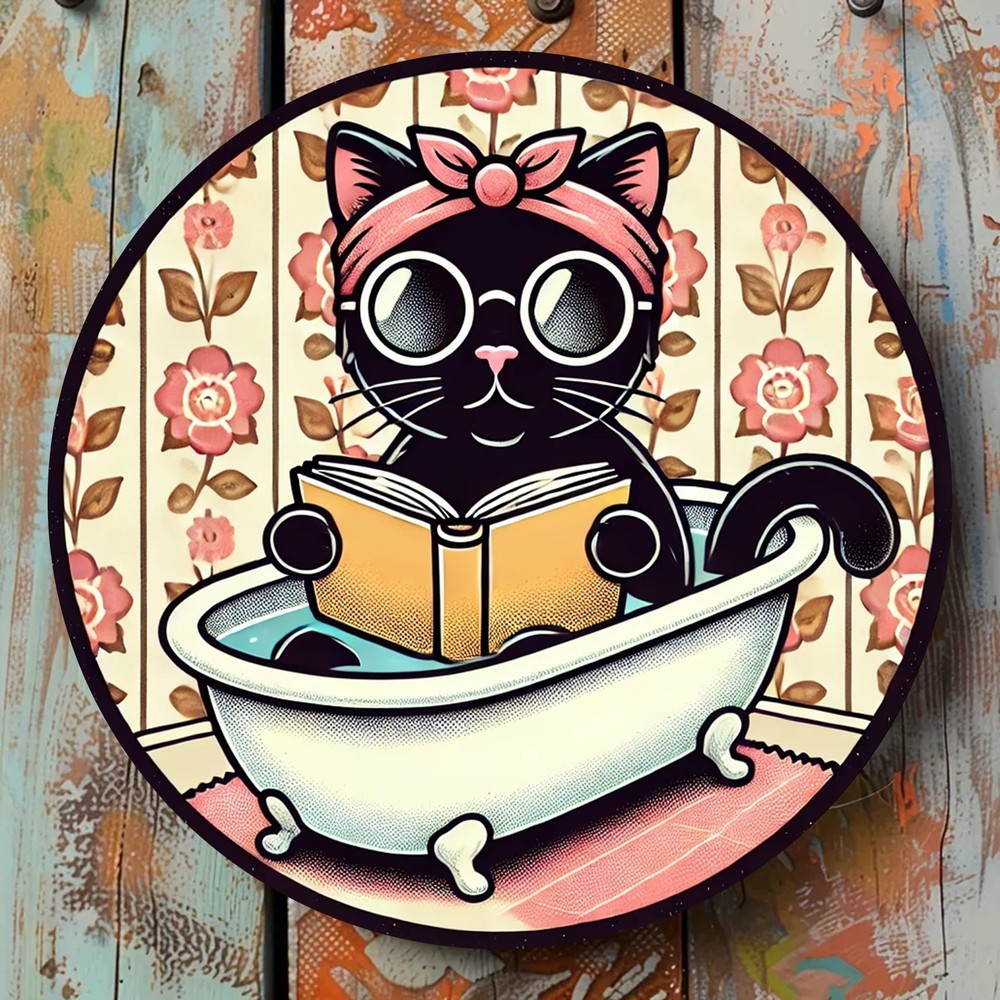 Black Cat Bathing Theme Round Aluminum Foil Engraved Wall Art