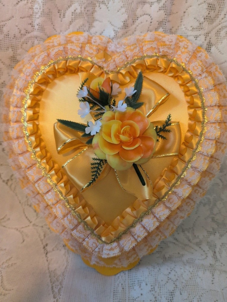 Vintage Orange Heart Chocolate Candy Box  Ruffles Lace Valentines Day Flower
