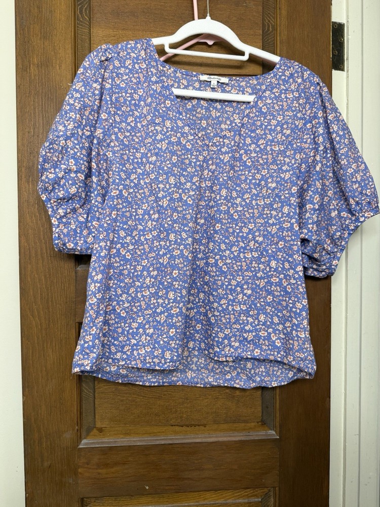 Madewell Blue White Floral Puff Short Sleeve Round Neck Woven Cotton Blouse L