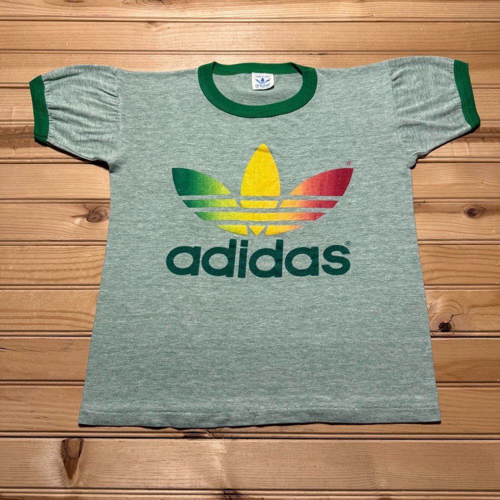 Vintage 80s Adidas Trefoil Rasta Big Logo Heather Ringer Shirt USA Made Size XS