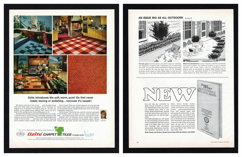 1967 Ozite Carpet Tiles Vectra / Better Homes Automobile Record Book Print Ad