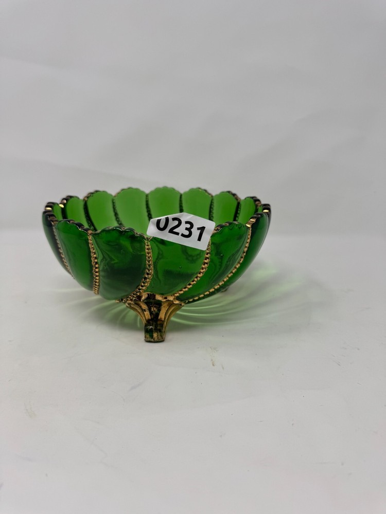 Vintage Green Glass Footed Bowl with Gold Swirl Accents – Elegant Decorative Piece