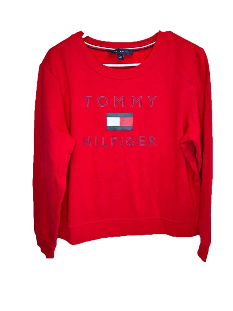 TOMMY HILFIGER Women’s Crew Neck Pullover Sweatshirt - Red Stacked Logo Sz Large