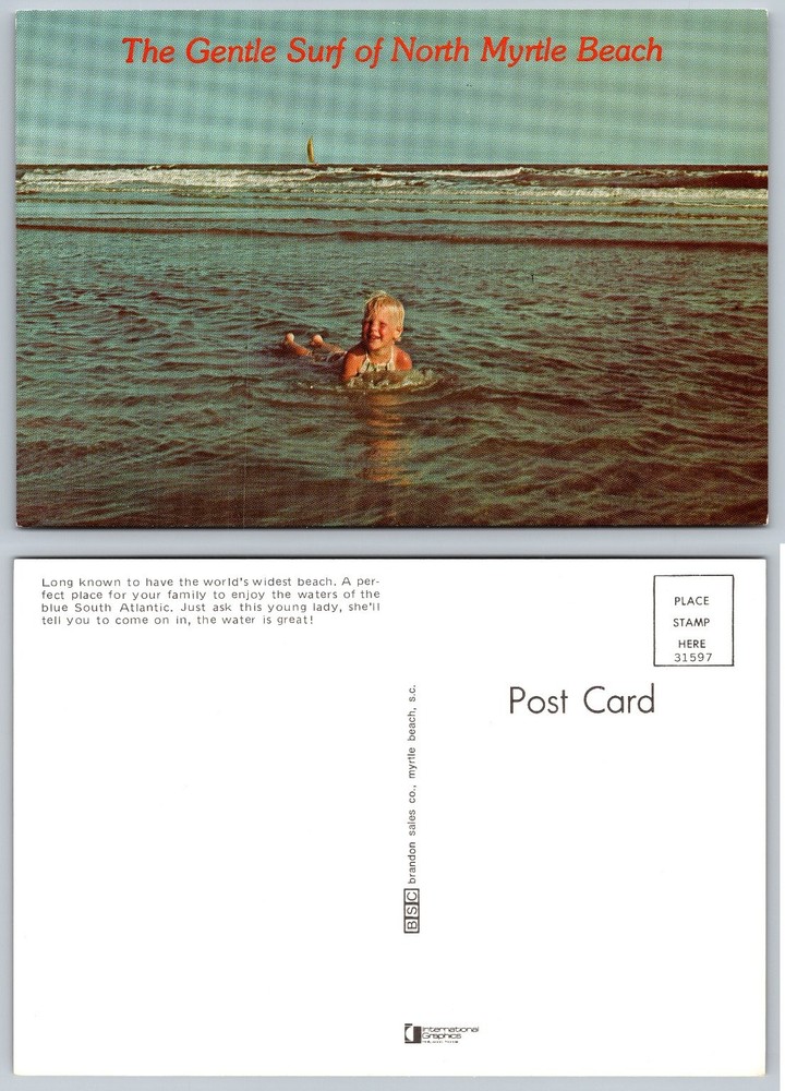 North Myrtle Beach SC Postcard Young Child Swimming Ocean Surf Vintage Unposted