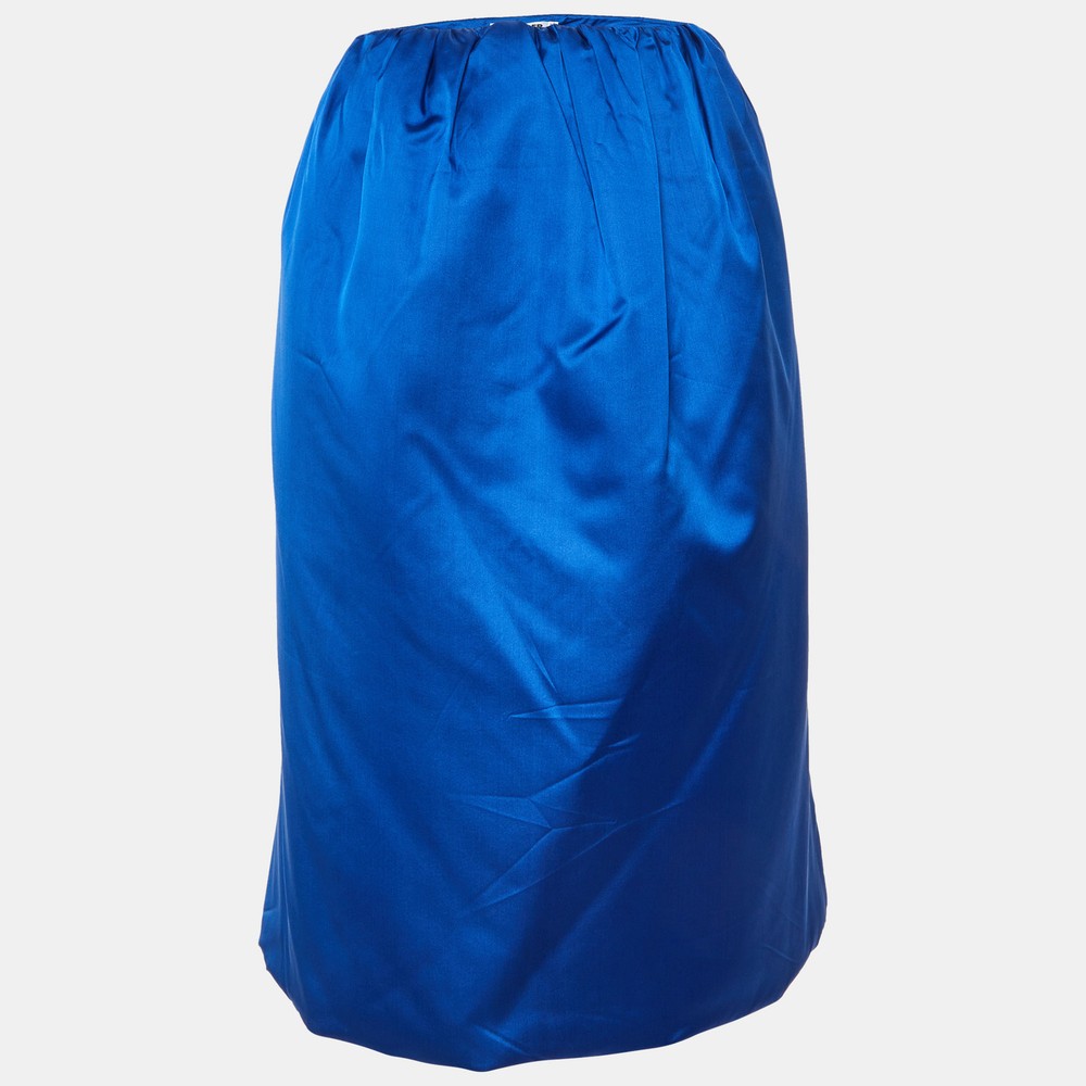 Jil Sander Blue Silk Satin Puffer Midi Skirt Luxury Design