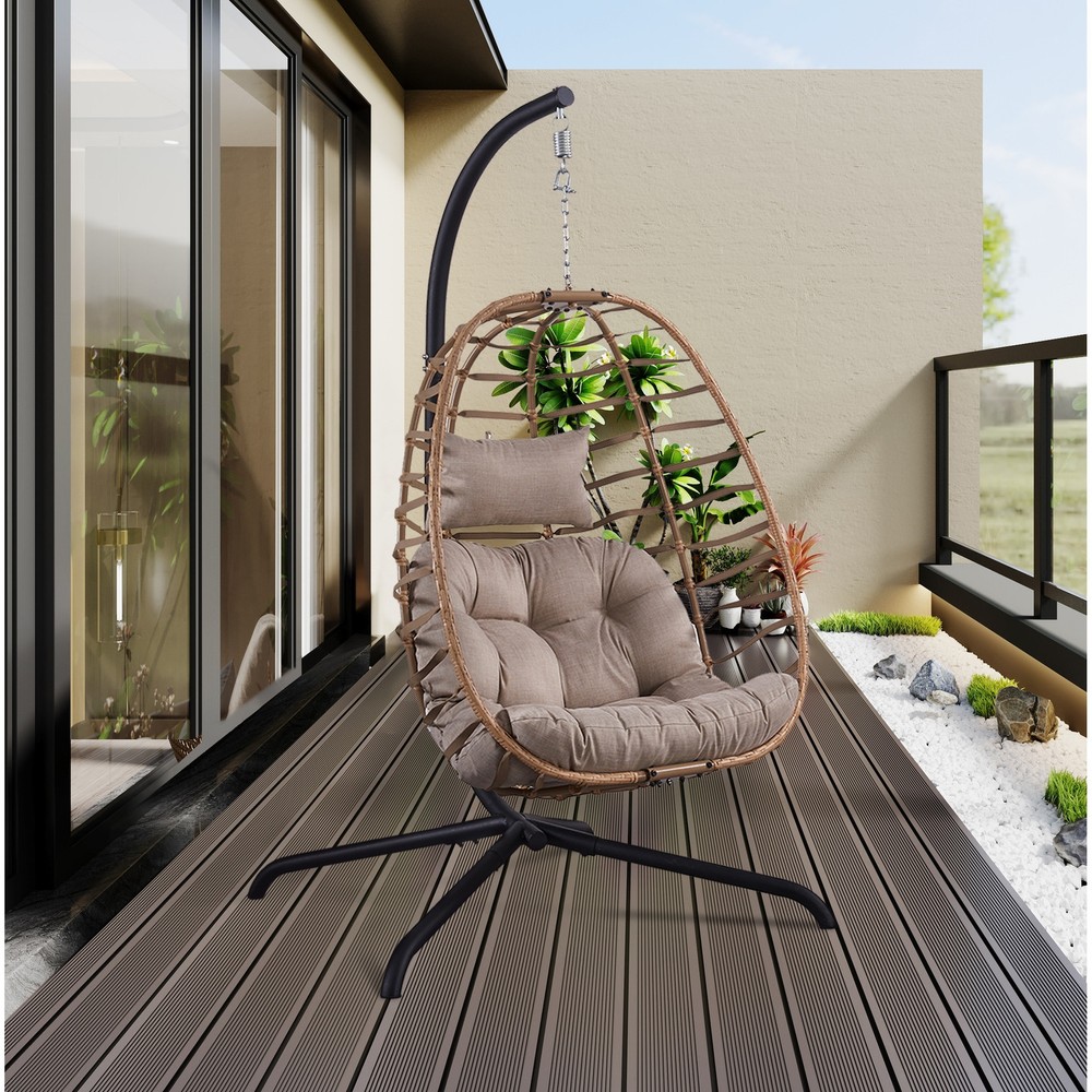 Foldable Wicker Hanging Egg Chair with Stand