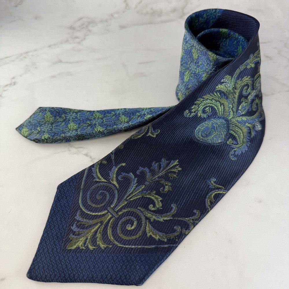 Gianni Versace Silk Tie Blue Green Floral Baroque Vintage Designer Luxury Wide