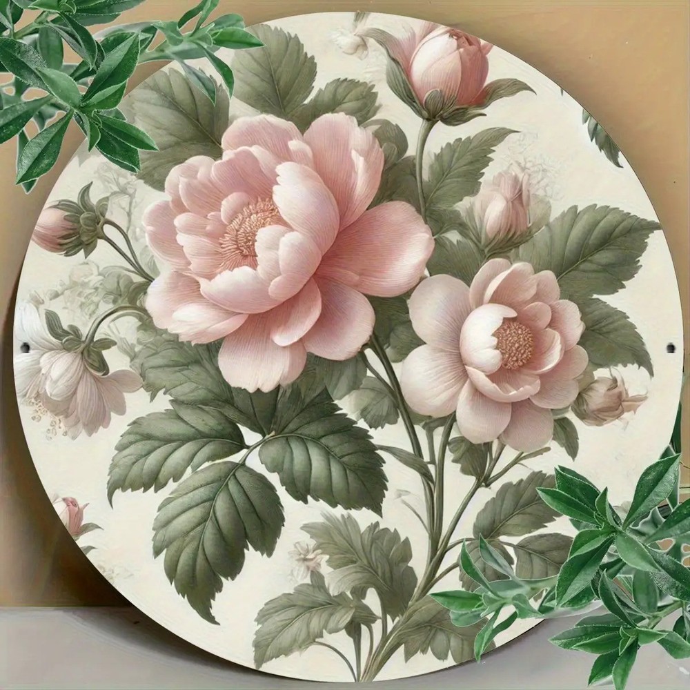 Vintage Pink Rose Green Leaf Country Round Aluminum Wall Art