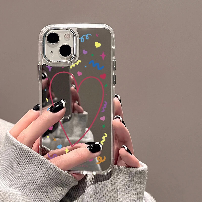 For iPhone 14 11 16 15 12 13 Pro Max Love Heart Mirror Shockproof Phone Case