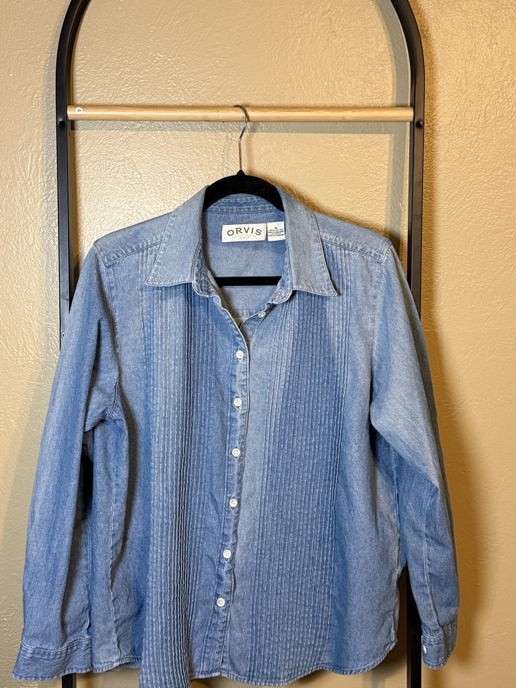 orvis women’s shirt size 16 casual denim chambray button up front pleated