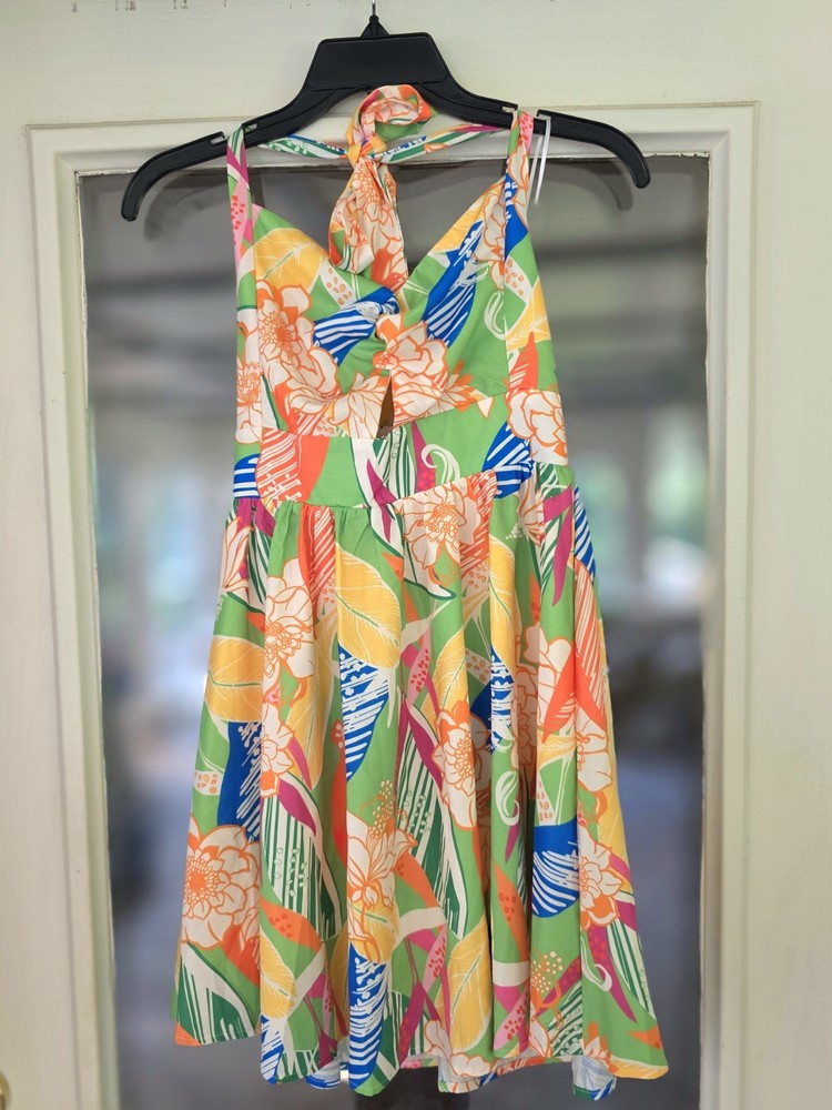New Flying Tomato bright Tropical Floral Halter Dres Vacation beach summer Sz S