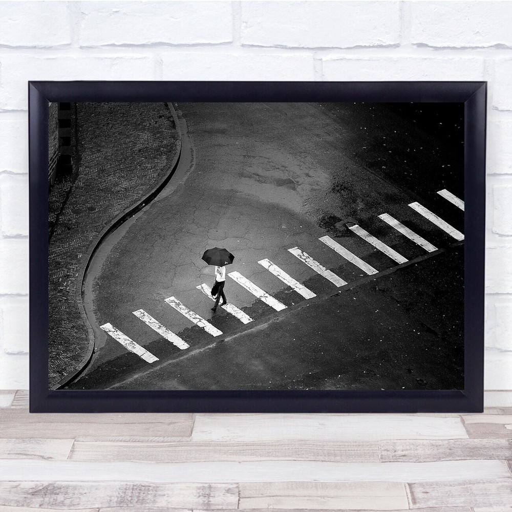 Solitary Walker Umbrella Stripes Rainy Street Wall Art Print  