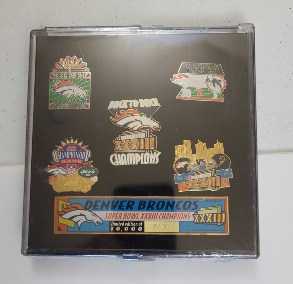 New Vintage Factory Sealed Denver Broncos Super Bowl XXXIII Pin Set Limited