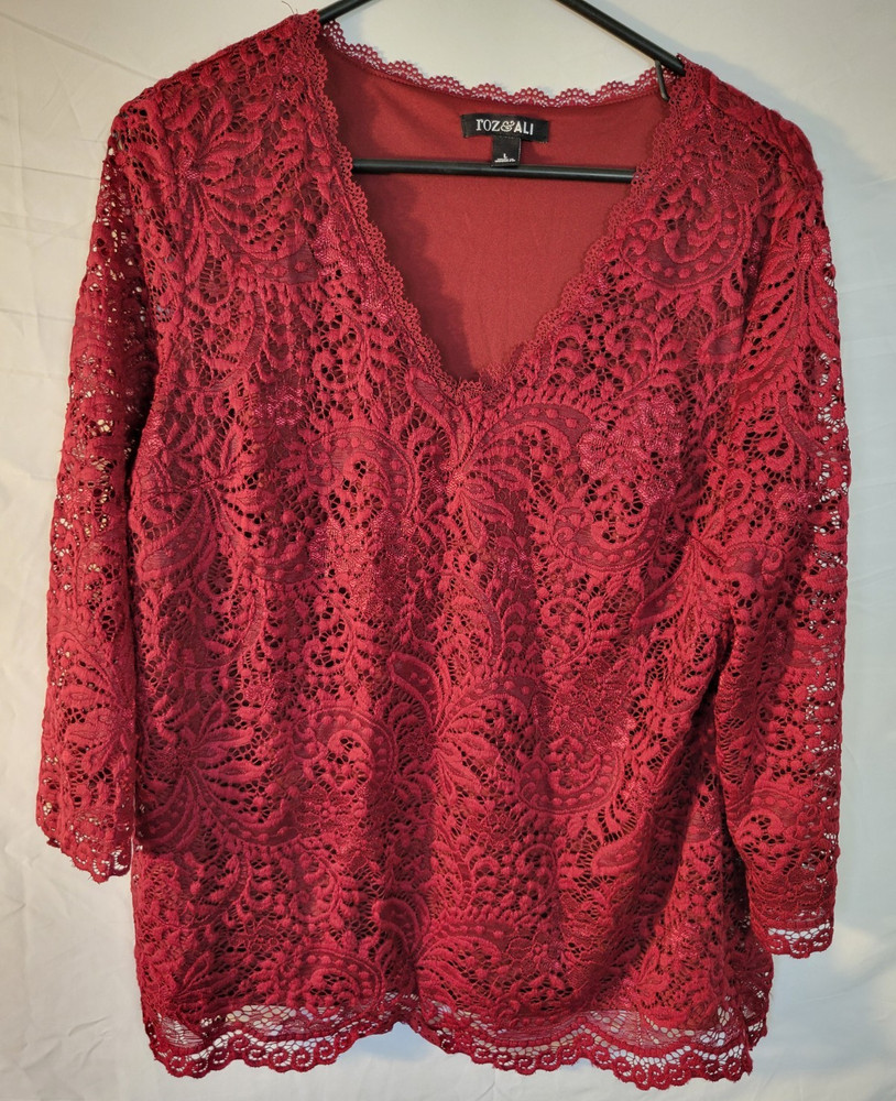 Roz & Ali Red Floral Lace V-Neck 3/4 Sleeve Pullover Blouse Women’s L