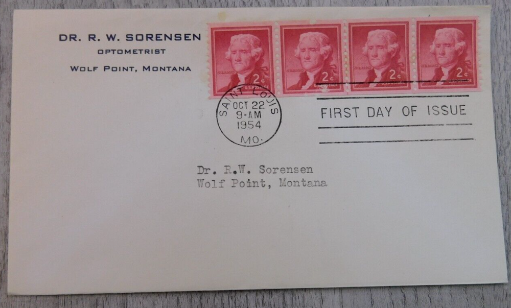 1st Day Issue Saint Louis MO 1954 Thomas Jefferson Vintage Stamp Envelope Cover