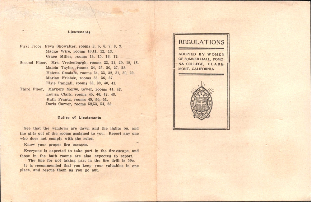 1920s POMONA COLLEGE Regulations by Women of Sumner Hall CLAREMONT, CALIFORNIA