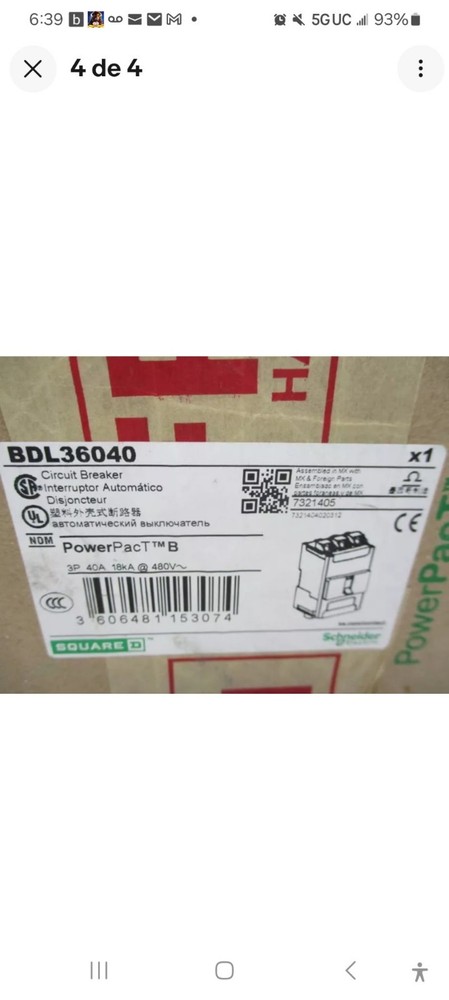 SCHNEIDER ELECTRIC SQUARE D BDL36040  600V 40A 3 POLES  CIRCUIT BREAKER 18kA 480
