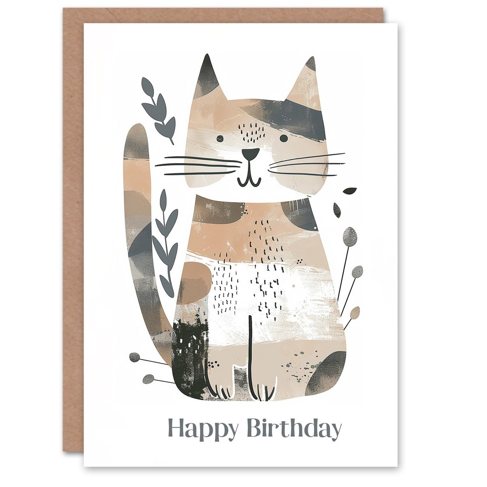 Boho Cat Birthday Card for Kids with Cute Kitty Drawing