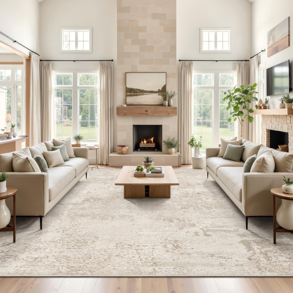 5'x7' Beige Foldable Area Rug Low Pile Large Soft Carpet for Living Room Bedroom