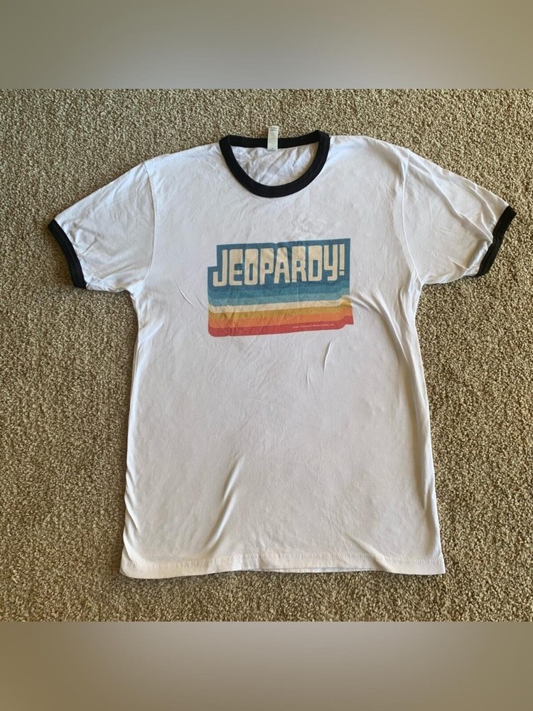 Vintage Jeopardy Ringer T-Shirt White Black Trim Retro Game Show Tee Adult