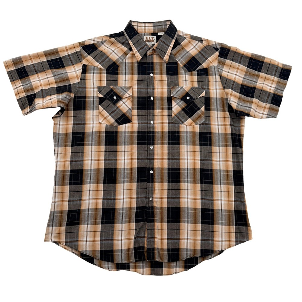 Ely Cattleman Mens XL Western Plaid Short Sleeve Pearl Snap Shirt Orange Black