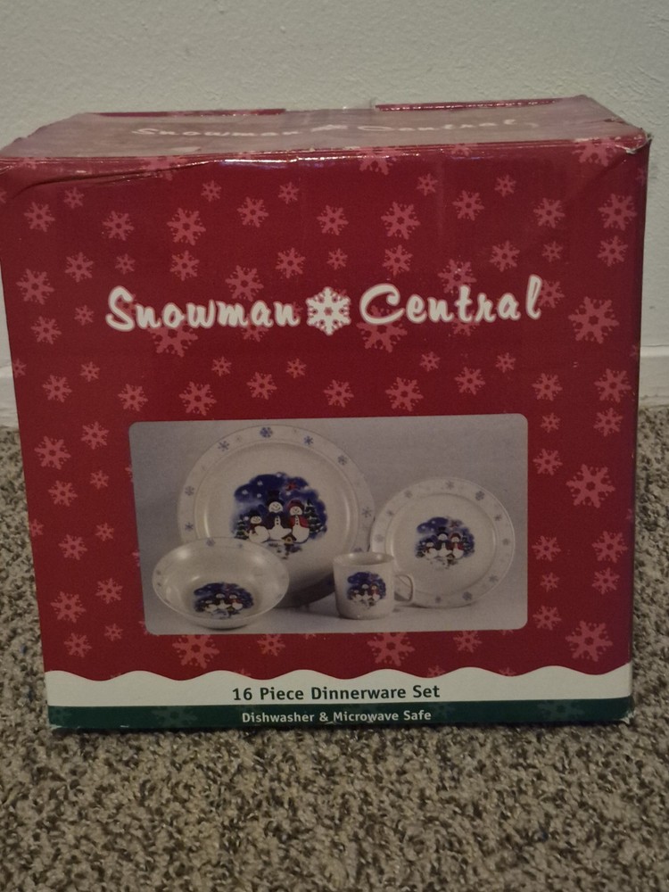 VTG Snowman Central Christmas Dish Set Complete NIB Snowman 90's Plates