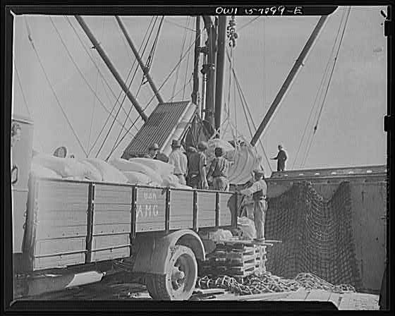 Photo:1910s Cargo Loading Ship Deck Workers Truck Cranes Nets