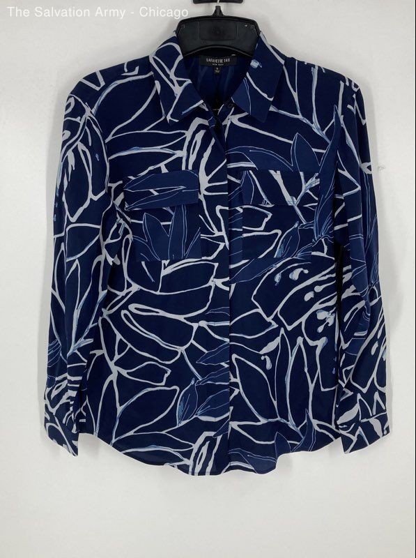 Lafayette 148 New York Womens Navy Blue Abstract Collared Button-Up Shirt Size S