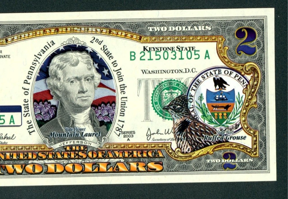 $2 2003 (( CU )) Authentic Colorized State of Pennsylvania ** PAPER CURRENCY