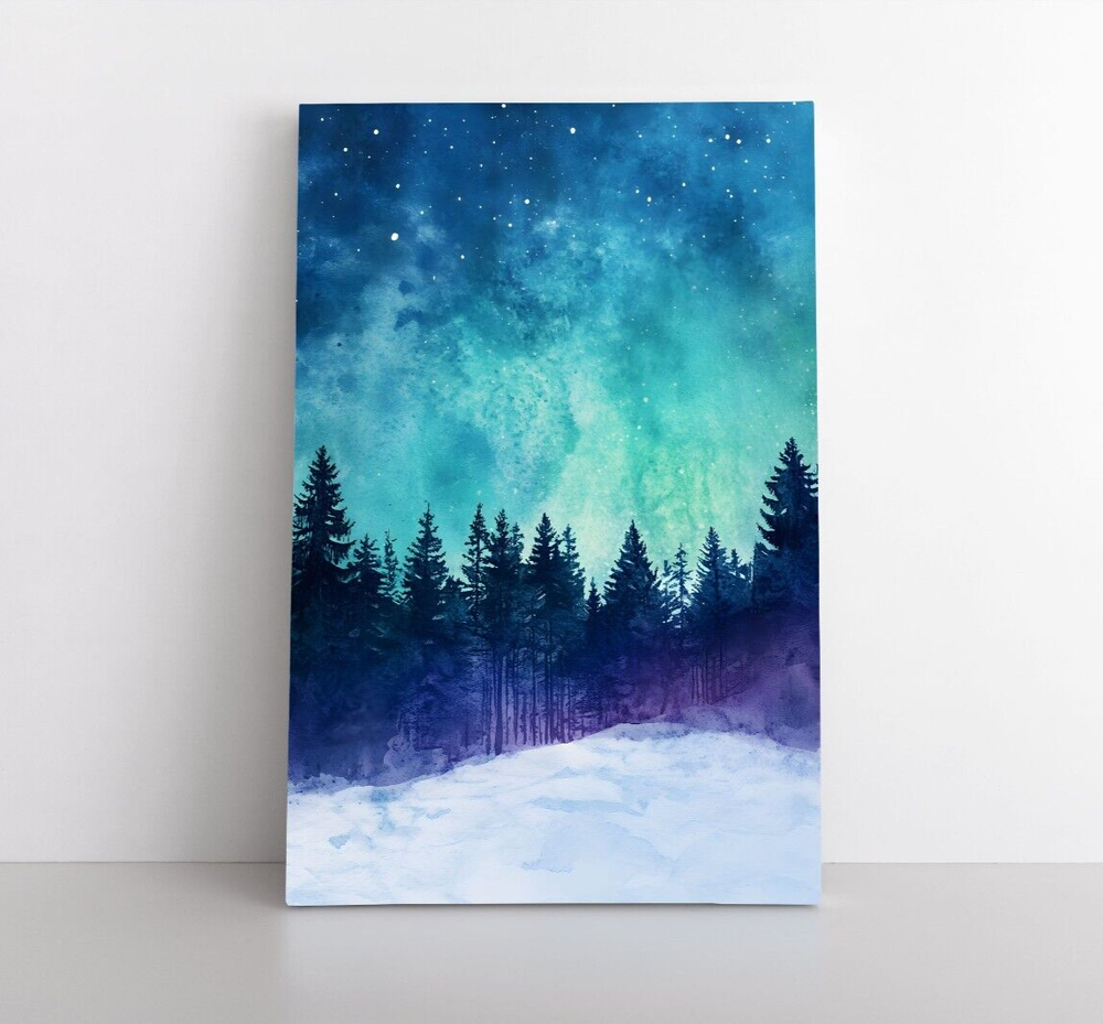 Aurora Borealis Snowy Winter Forest Abstract Painting Print Canvas Wall Art-image
