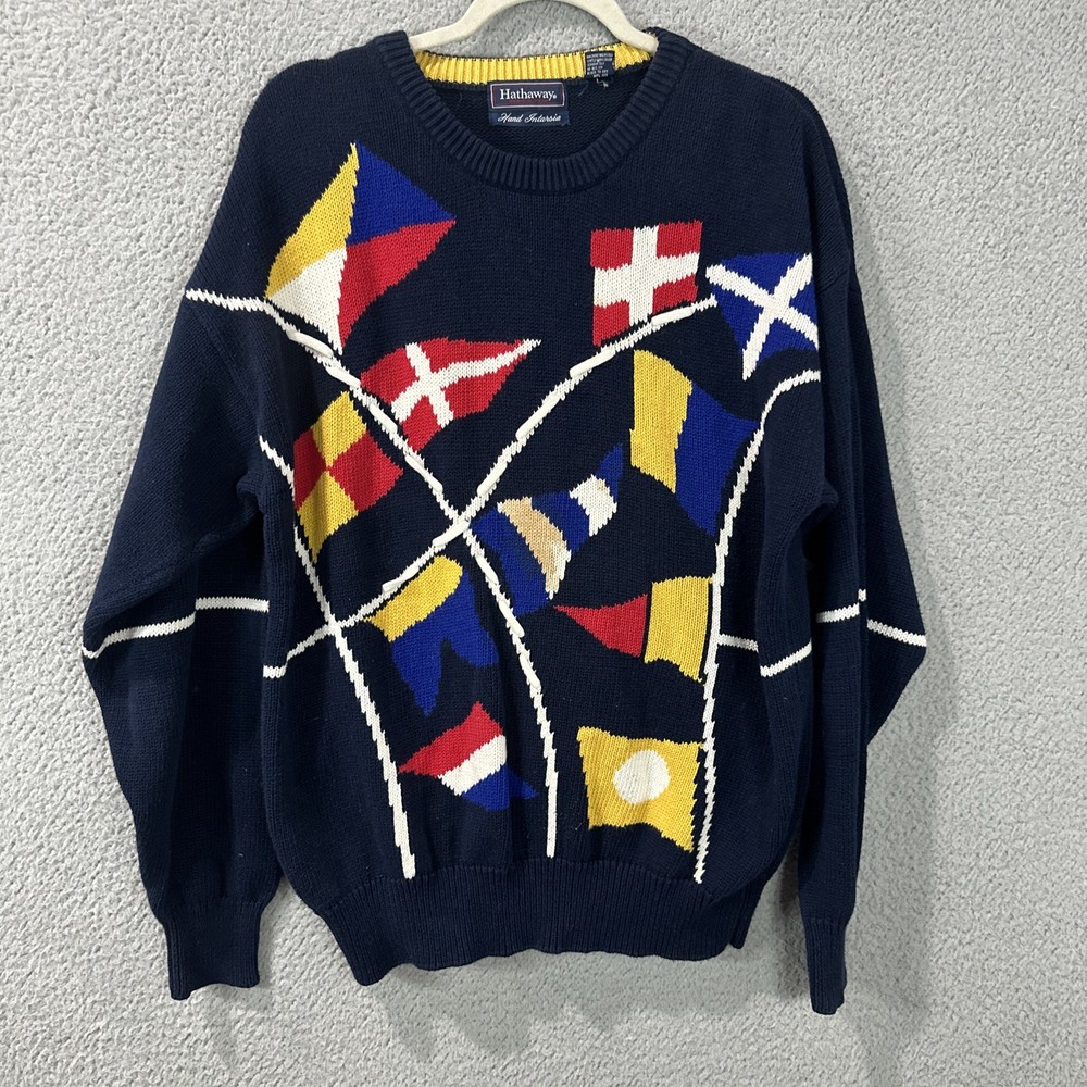 Vintage 80’s 90’s Men’s HATHAWAY Hand Intarsia Colorful Golf Flags Sweater LARGE