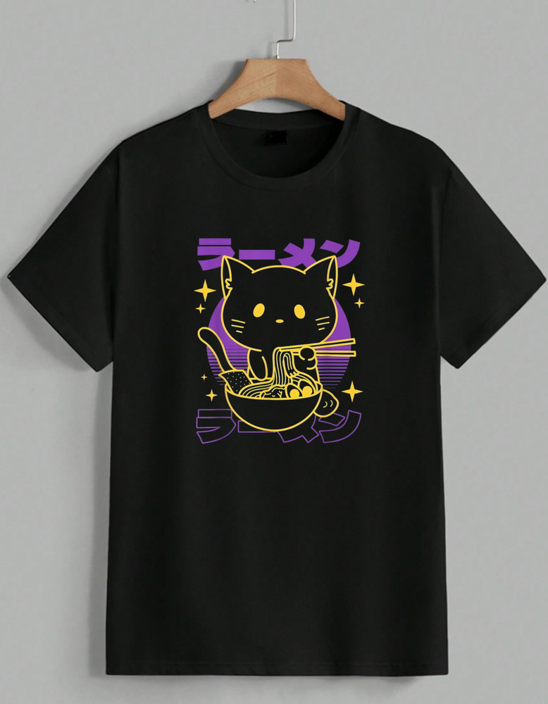 Anime Cat Eating Ramen Graphic T-Shirt Kawaii Japanese Noodle Vintage Tee Unisex