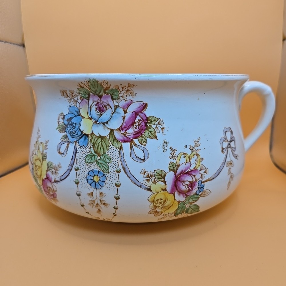 Vintage Chamber Pot Ceramic Crown Devon Floral Stoke-on-Trent England 9 In