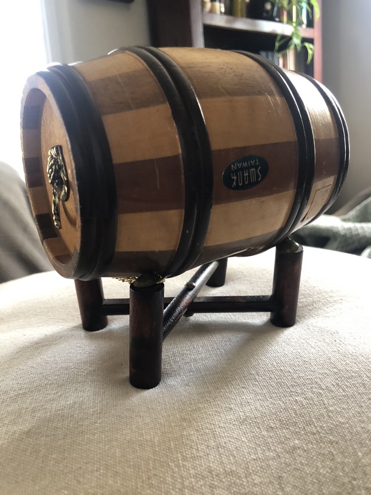 Vintage Swank Barrel Bank Piggy Bank on Wooden Stand