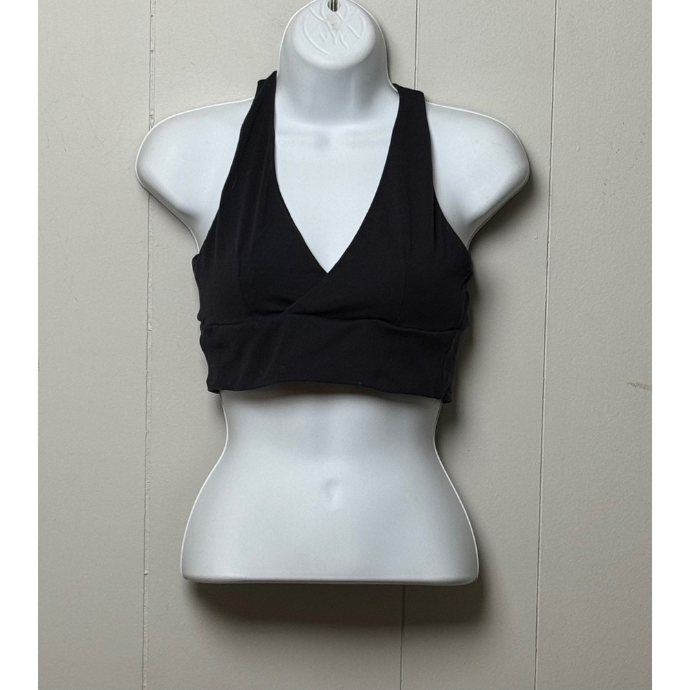 Booty by Brabants Black Surplice Halter Sports Bra Yoga Crop Top Size Small