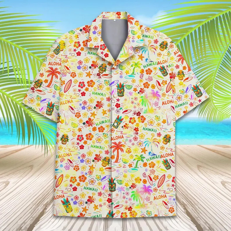 Colorful Tiki Hawaii Aloha Shirt Men's Beach Vacation Tropical