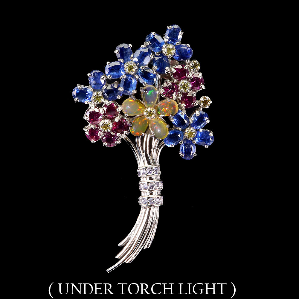 925 Sterling Silver Brooch Pear Fire Opal Kyanite Tanzanite Gemstone Jewelry