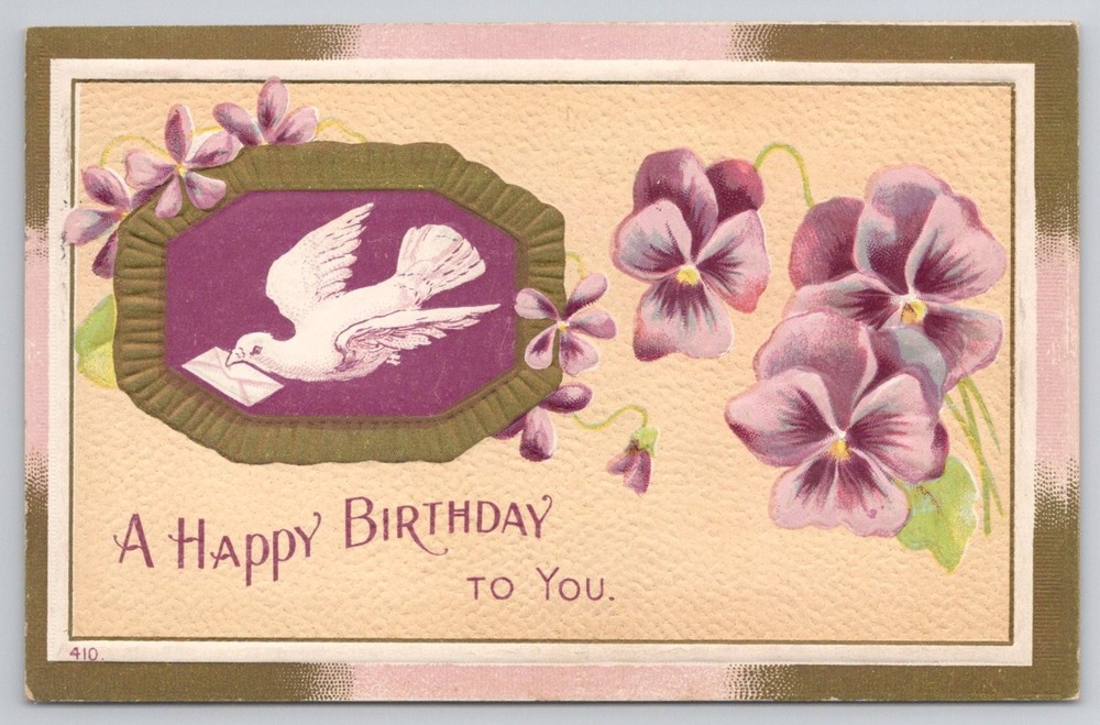 Embossed Birthday Postcard Dove Pansies Easton PA Postmarked 1910s