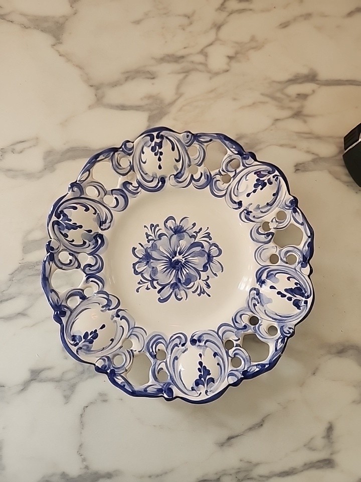 Vestal Blue & White Floral Wall Plate Portugal Reticulated 8.5”