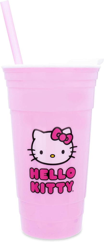 Silver Buffalo Sanrio Hello Kitty Pink Plastic Travel Tumbler with Lid and Straw