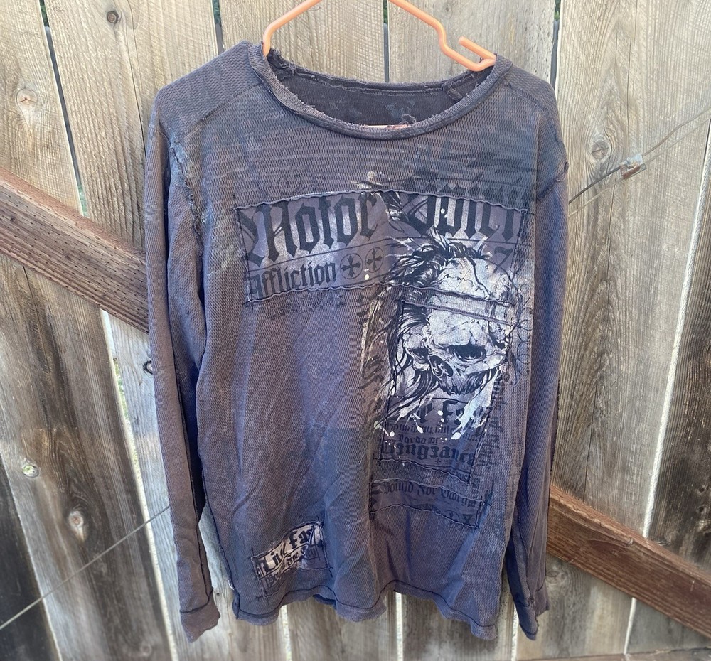 Vintage Affliction Reversible Thermal Shirt Motor Cult Skull Cross Gray Y2K XL