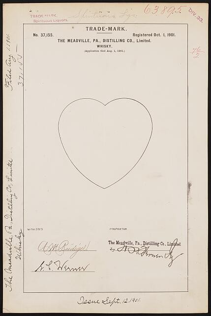 [ The Meadville, PA., Distilling Co., Limited for [Heart Logo] brand Whisky]