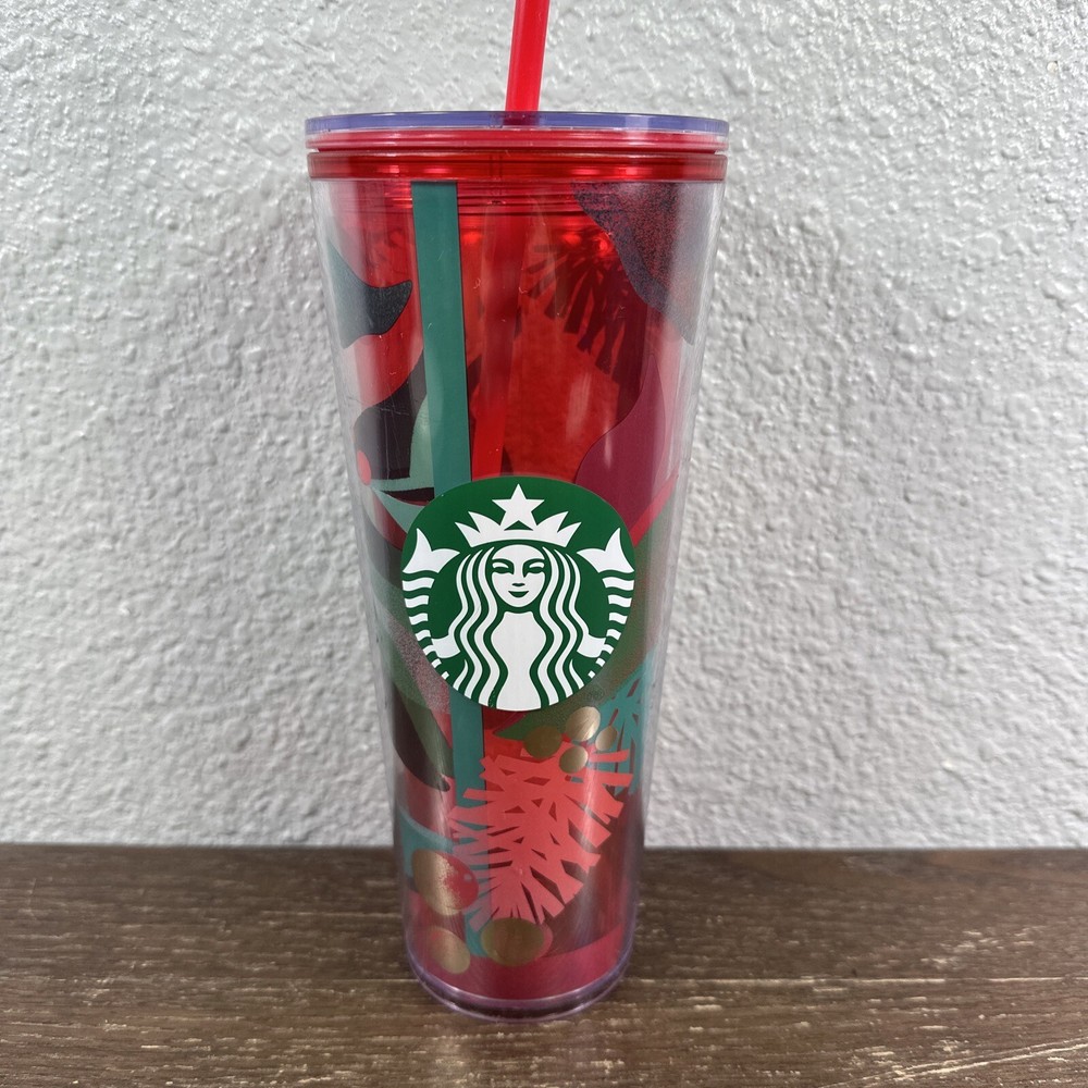 Starbucks Holiday 2018 Plastic Cold Drink 24oz Holly Tumbler With Straw