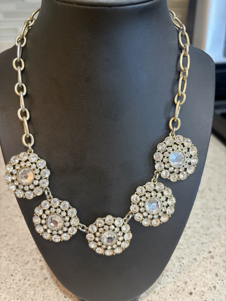 Vintage signed J CREW gold TONE rhinestone Geometric Clusters Statement Necklace