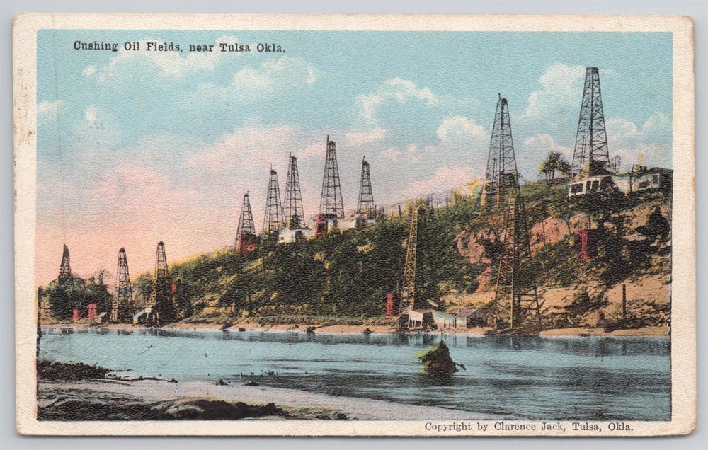Gushing Oil Fields Dykes Pumping Stations Tulsa OK C1918 Postcard AJ4