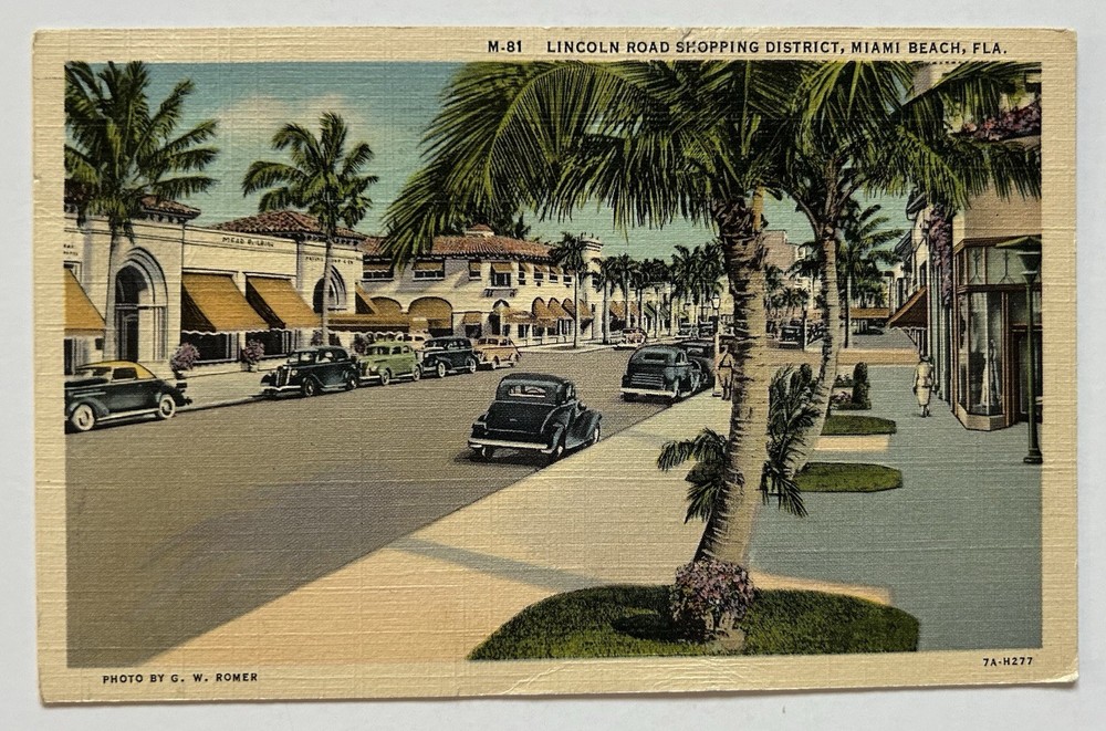 Linen Lincoln Road Shopping District Miami Beach FL Palm Trees Cars Postcard