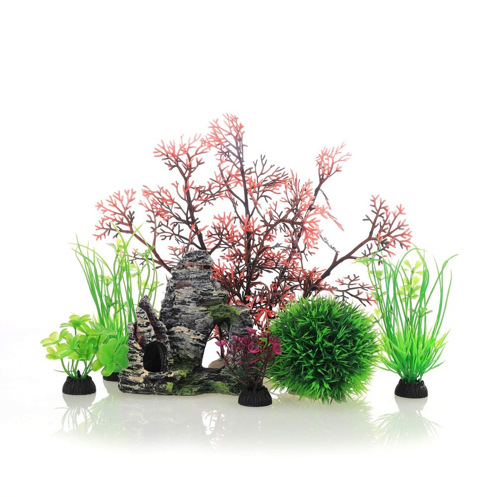 7-Piece Aquarium Decor Set with Plastic Plants and Cave Rocks
