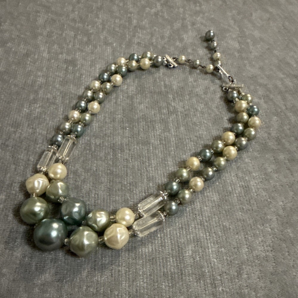 Vintage Japan Necklace Blue Lucite Glass Faux Pearl 2 Strand Silver Choker